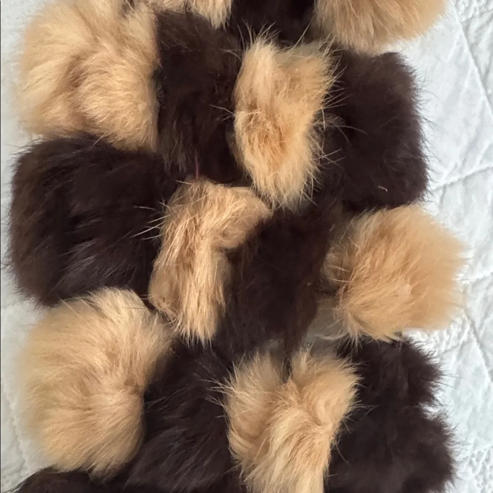 Rabbit Fur Brown and Tan Pom Pom Scarf - Picture 2 of 4